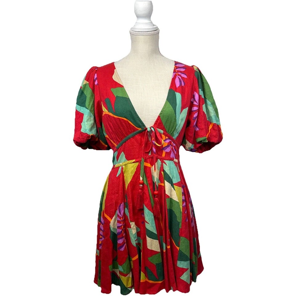 House Of Harlow 1960 Sz 4 Red Floral Fit & Flare Linen Rayon Blend Puff Sleeve